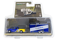 Show product details for Greenlight - Hitch & Tow Series 13 | Ford F-150 and Enclosed Car Trailer Michelin Tires Racing (2016, 1/64 scale diecast model car, Blue) 32130C/24