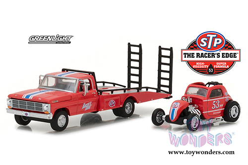 Greenlight - Heavy Duty Trucks Series 10 | STP® Oil Ford F-350 Ramp Truck with Topo Fuel Altered Drag Car (1968, 1/64 scale diecast model car, Red) 33100C/48