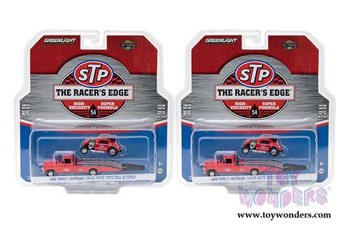 Greenlight - Heavy Duty Trucks Series 10 | STP® Oil Ford F-350 Ramp Truck with Topo Fuel Altered Drag Car (1968, 1/64 scale diecast model car, Red) 33100C/48