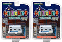 Show product details for Greenlight - Hitched Homes Series 2 | Winnebago 216 Travel Trailer (1964, 1/64 scale diecast model car, White/Blue) 34020C/48