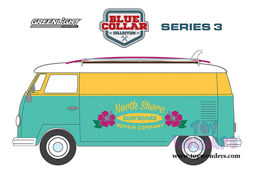 Greenlight - Blue Collar Collection Series 3 | Volkswagen Type 2 Panel Van North Shore Surfboard Repair Company (1968, 1/64 scale diecast model car, Yellow/Green) 35080C/48