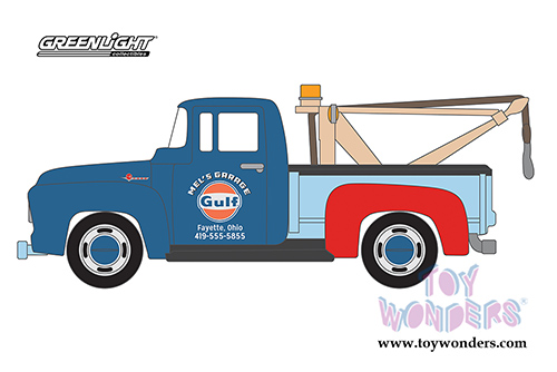 Greenlight - Blue Collar Collection Series 4 | Ford F-100 Tow Truck Gulf Oil Mel's Garage (1956, 1/64 scale diecast model car, Blue) 35100A/48