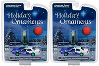 Show product details for Greenlight - Holiday Ornaments Series 2 | Ford Crown Victoria Police Interceptor (2001, 1/64 scale diecast model car, Blue/White) 37120F/48