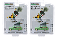 Show product details for Greenlight - Norman Rockwell Delivery Vehicles Series 1 |  Chevrolet® Sedan Delivery - Bob's Tree Farm with a Christmas Tree (1955, 1/64 scale diecast model car, Light Green) 37150B/48