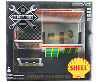 Greenlight Diorama - Mechanic's Corner Series 2 | Shell Vintage Gas Station (1/64 scale diecast/plastic model, Red/Yellow) 57021