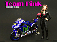 Show product details for American Diorama Figurine - Team Pink Female Biker (1/18 scale, Black w/Pink) 77438
