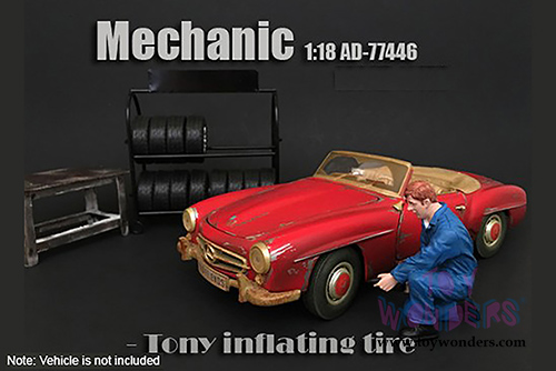 American Diorama Figurine - Mechanic Tony Inflating Tire (1/18 scale, Blue) 77446