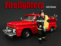 Show product details for American Diorama Figurine - Firefighter | Job Done (1/18 scale, Black/Yellow) 77462