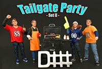 Show product details for American Diorama Figurine - Tailgate Party Set II - 4 Figures w/BBQ Grill and a "D-Fence Sing" (1/18 scale) 77595