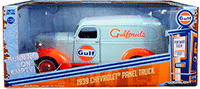 Show product details for Greenlight - Running on Empty | Gulf® Oil Chevrolet® Panel Truck (1939, 1/24 scale diecast model car, Light Blue/Orange) 85011