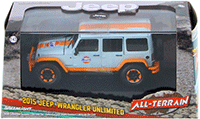 Show product details for Greenlight - All Terrain Jeep Wrangler Unlimited Gulf Oil with Off-Road Bumpers (2015, 1/43 scale diecast model car, Blue w/Orange) 86089
