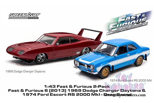 Greenlight Fast & Furious - Dodge Charger Daytona and Ford Escort RS 2000 Hard Top (1969, 1974, 1/43 scale diecast model car, Red, Blue) 86251