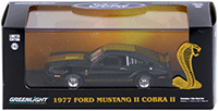 Show product details for Greenlight - Ford Mustang II Cobra II Hard Top (1977, 1/43 scale diecast model car, Black w/ Gold Stripes) 86319