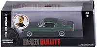 Show product details for Greenlight - Bullitt Steve McQueen's Ford Mustang GT Fastback with Steve Mcqueen Figurine (1968, 1/43 scale diecast model car, Green) 86433