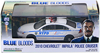 Show product details for Greenlight Hollywood - Blue Bloods - Chevrolet® Impala™ New York City Police Dept (NYPD) (2010, 1/43 scale diecast model car, White/Blue) 86509