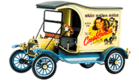 Show product details for Motor City Classics - Ford Model T Cargo Van "Casablanca" (1917, 1/18 scale diecast model car, Yellow/Blue) 88150