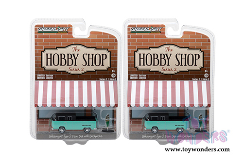 Greenlight - The Hobby Shop Series 2 | Volkswagen Type 2 Crew Cab Pick-Up "Doka" with Backpacker (1/64 scale diecast model car, Turquoise/Black) 97020F/48