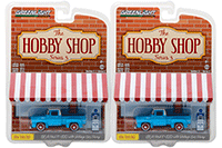 Show product details for Greenlight - The Hobby Shop Series 3 | Ford F-100 with Vintage Ford Motor Company Gas Pump (1954, 1/64 scale diecast model car, Blue) 97030A/48