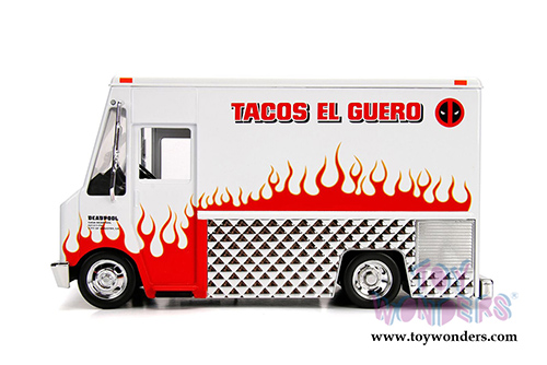 Jada Toys - Metals Die Cast | Taco Truck with Deadpool™ figure (1/24, diecast model car, White/Red) 99730