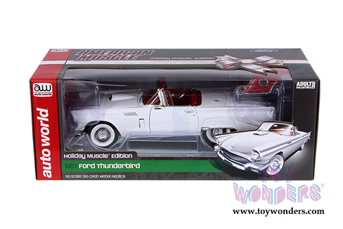 Auto World American Muscle - Ford Thunderbird Convertible w/ Removable Bonnet Holiday Edition (1957, 1/18 scale diecast model car, White) AMM1089