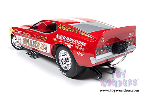 Auto World Legends - Brand X Ford Mustang NHRA Funny Car (1973, 1/18 scale diecast model car, Red w/Yellow Flames) AW1167