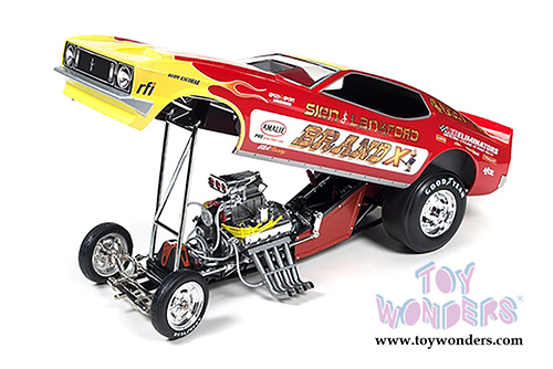 Auto World Legends - Brand X Ford Mustang NHRA Funny Car (1973, 1/18 scale diecast model car, Red w/Yellow Flames) AW1167