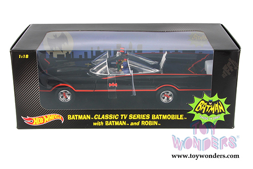 Mattel Hot Wheels Batman - Classic TV Series Batmobile with Batman and Robin Figures (1966, 1/18 scale diecast model car, Black) DJJ39