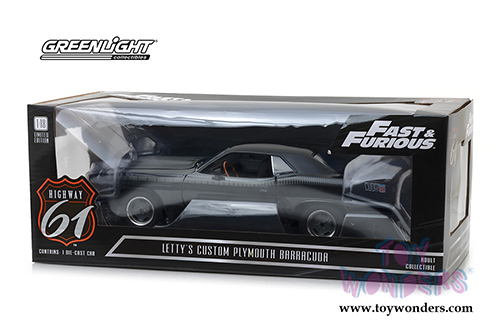 Greenlight Highway 61 - Fast & Furious | Letty's Custom Plymouth Barracuda Hard Top (1/18 scale diecast model car, Black/Gray) HWY18005